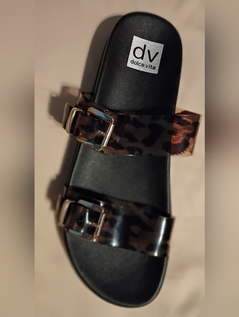 DV Dolce Vita Ubar Black & Leopard Clear Double-Buckle Slide Sandals -  Women 10 - Picture 6 of 7